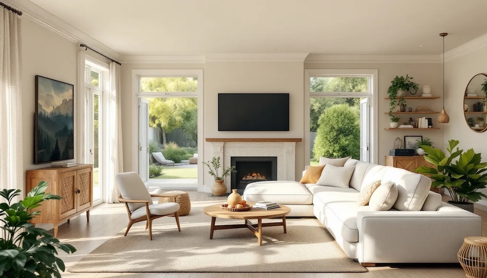 obszerny salon z kominkiem pod telewizorem i kanapą z poduszkami 