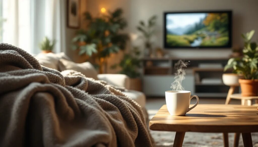 biały parujący kubek na drewnianym stoliku kawowym przy kanapie  