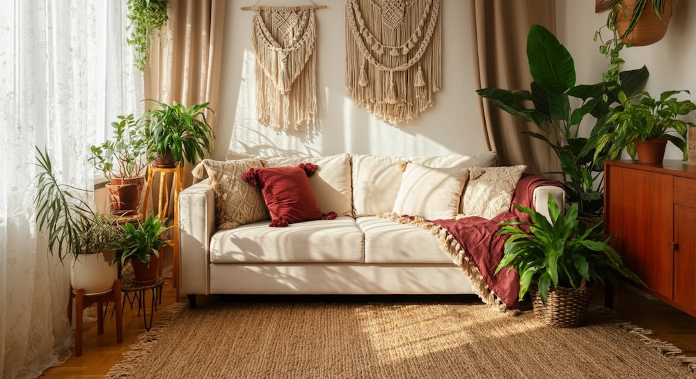 pokój boho z białą sofą pod ścianą i roślinami doniczkowymi na podłodze 