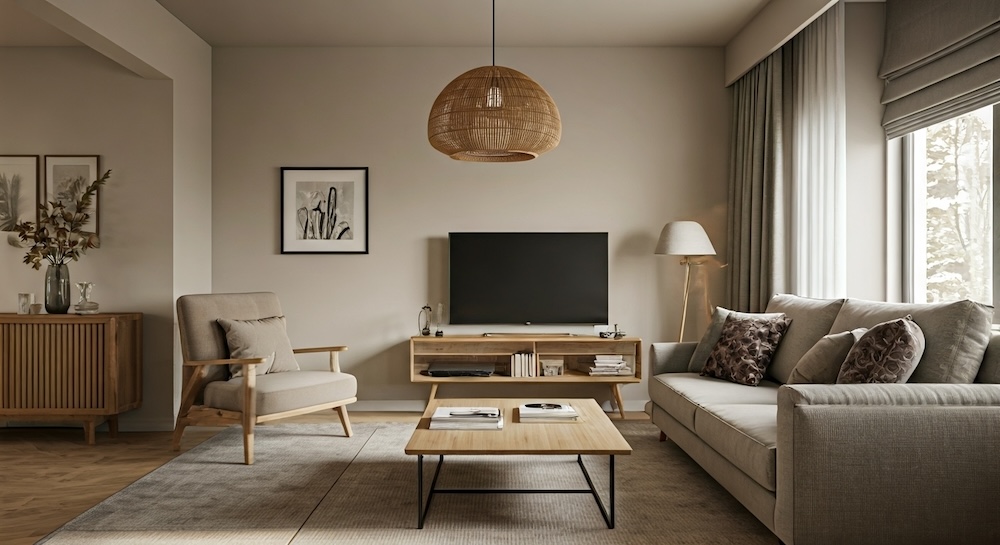 salon ze stolikiem kawowym na środku i sofą pod oknem 