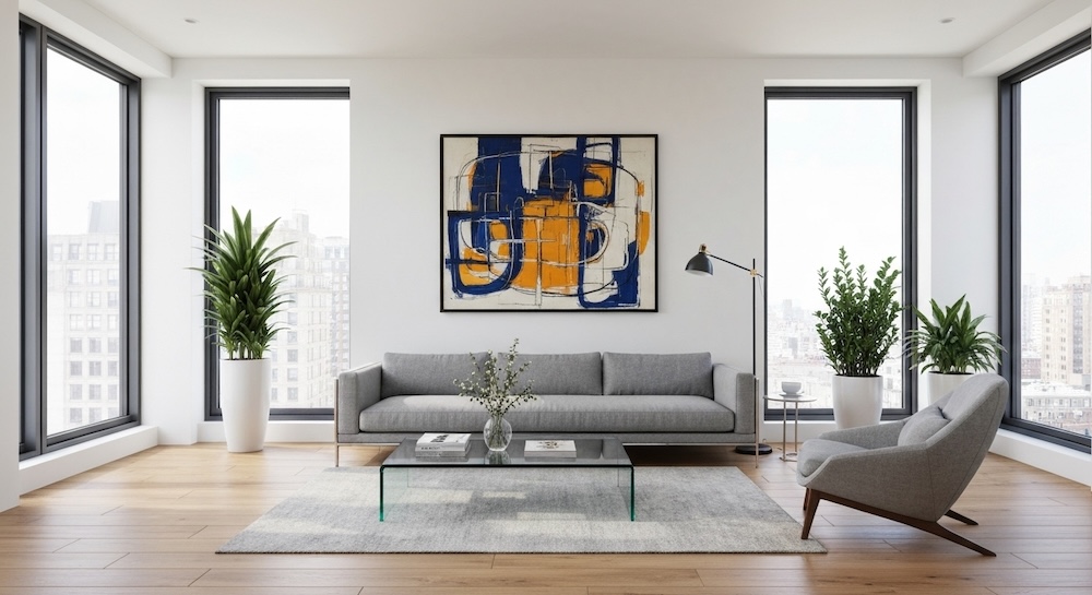 salon z szarą sofą pod ścianą i fotelem przy przezroczystym stoliku kawowym 