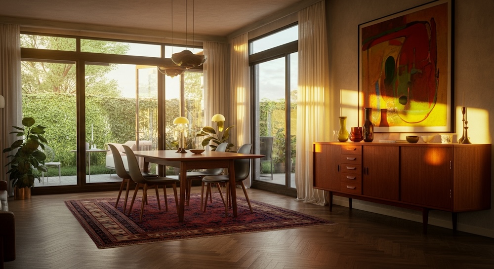 salon ze stołem jadalnianym na dywanie obok drewnianej komody 