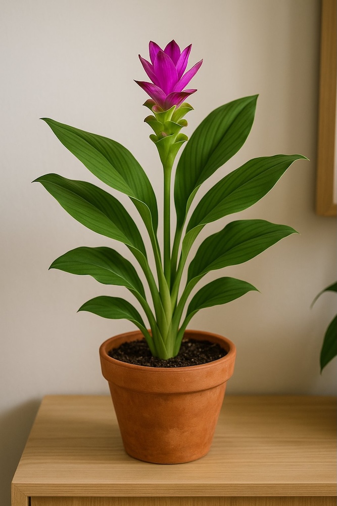 roślina kurkuma w doniczce na szafce z drewna kurkuma w rudej doniczce z gliny na drewnianej szafce