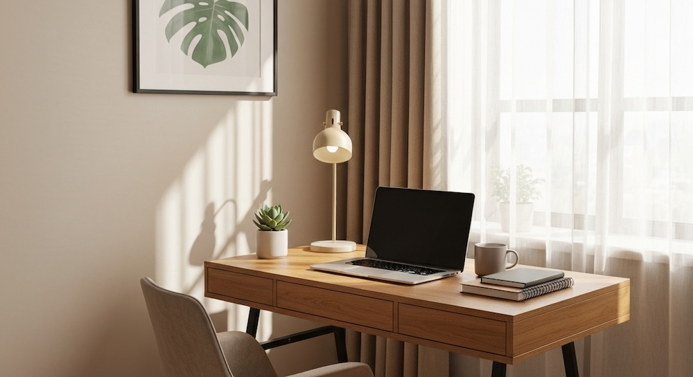 biurko z laptopem i fotelem przy oknie z zasłonami 