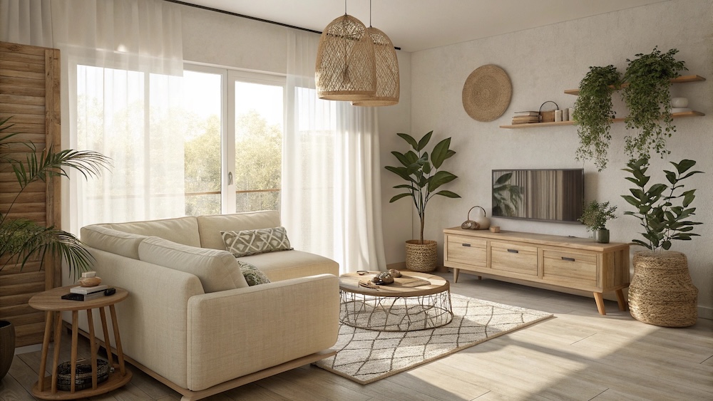 pokój dzienny w stylu boho z szafką z telewizorem pod ścianą 