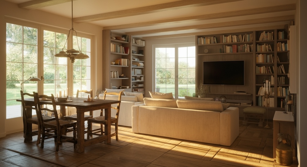 pokój dzienny ze strefami do jedzenia i wypoczynku 