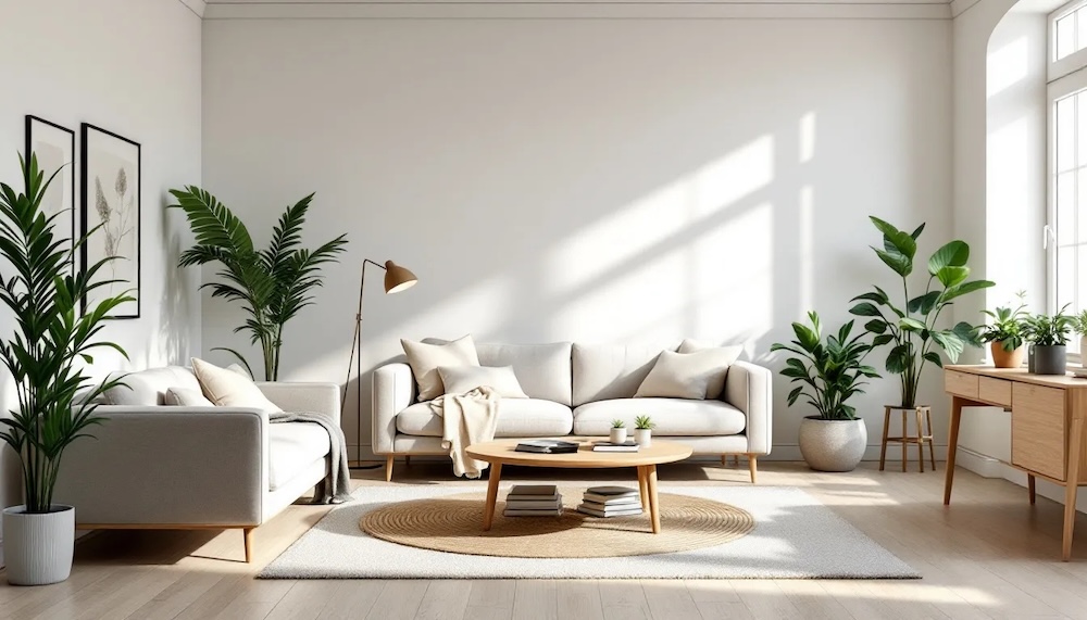 pokój dzienny w stylu scandi w jasnych kolorach i z prostymi meblami 