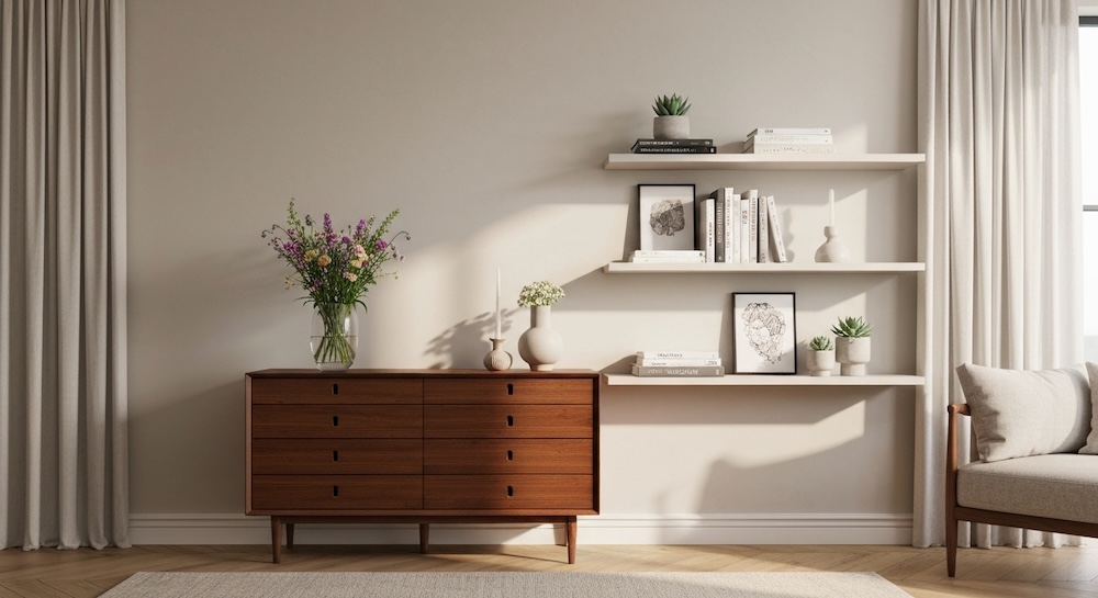 pokój dzienny z komodą z drewna obok białych półek z minimalistycznymi dekoracjami i książkami 