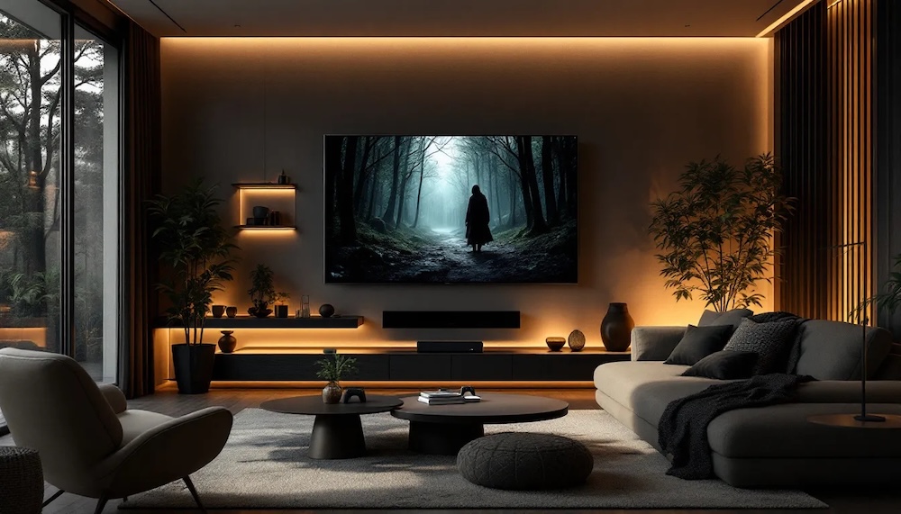 pokój dzienny z telewizorem i grą na ekranie przed sofą i fotelem 