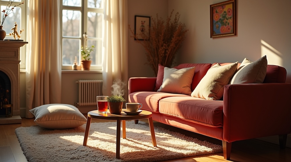 pokój dzienny z sofą z poduszkami pod ścianą z obrazem 