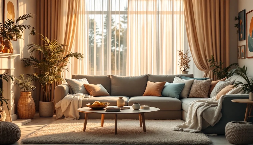 pokój dzienny z kanapą pod zasłoniętym firankami oknem 