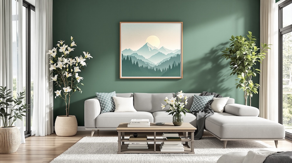 pokój dzienny w odcieniach zieleni z szarą kanapą i roślinami w donicach 