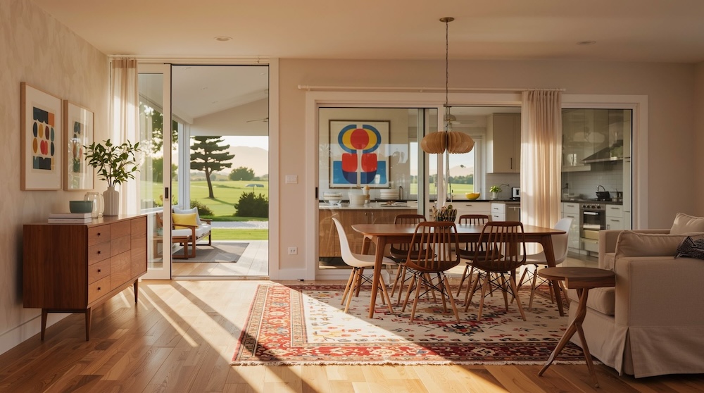 pokój dzienny ze stołem z krzesłami na kolorowym dywanie pod lampą 