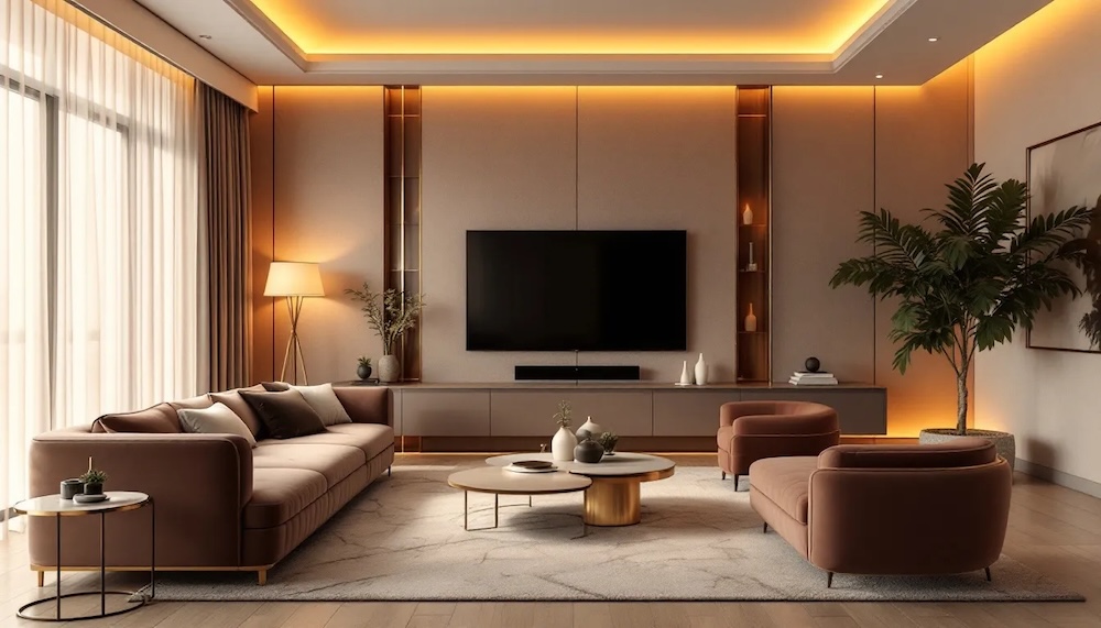 pokój dzienny w stylu glamour z sofą i fotelami w odcieniu ciemnego różu 