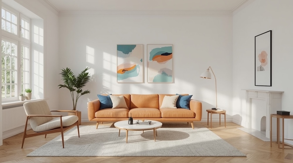 salon w stylu skandynawskim w pastelowych kolorach i z drewnianymi dodatkami 