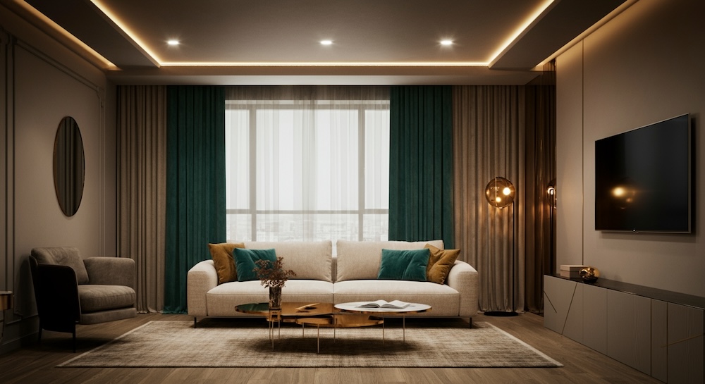 elegancki salon z podświetlonym sufitem 