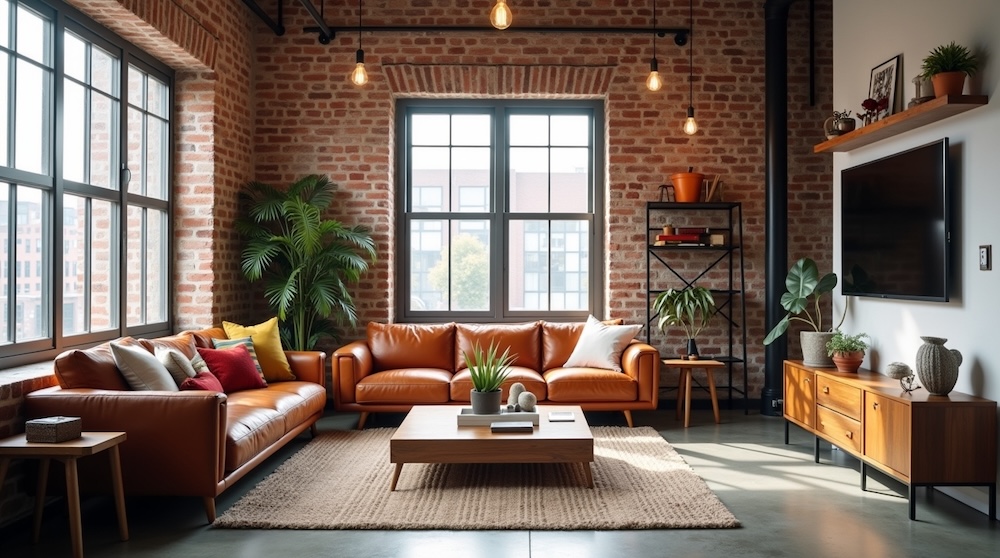 salon z cegłą ma ścianach i dwiema sofami ze skóry przed telewizorem na ścianie 