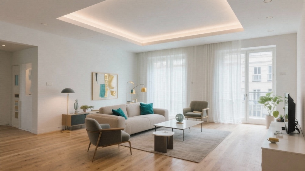 sufit podwieszany w mieszkaniu z białymi ścianami i oknami na balkon 