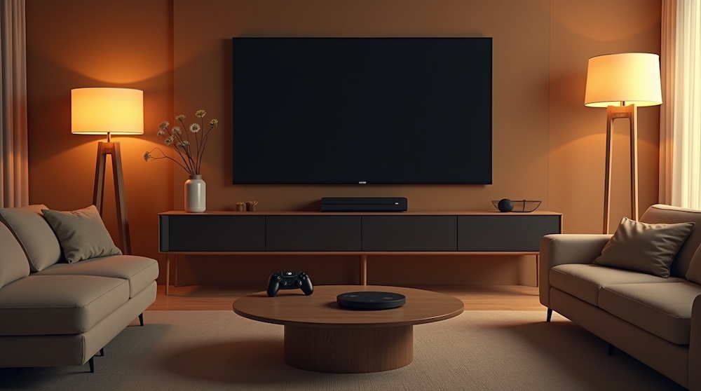 dwie beżowe sofy po obu stronach telewizora na ścianie 