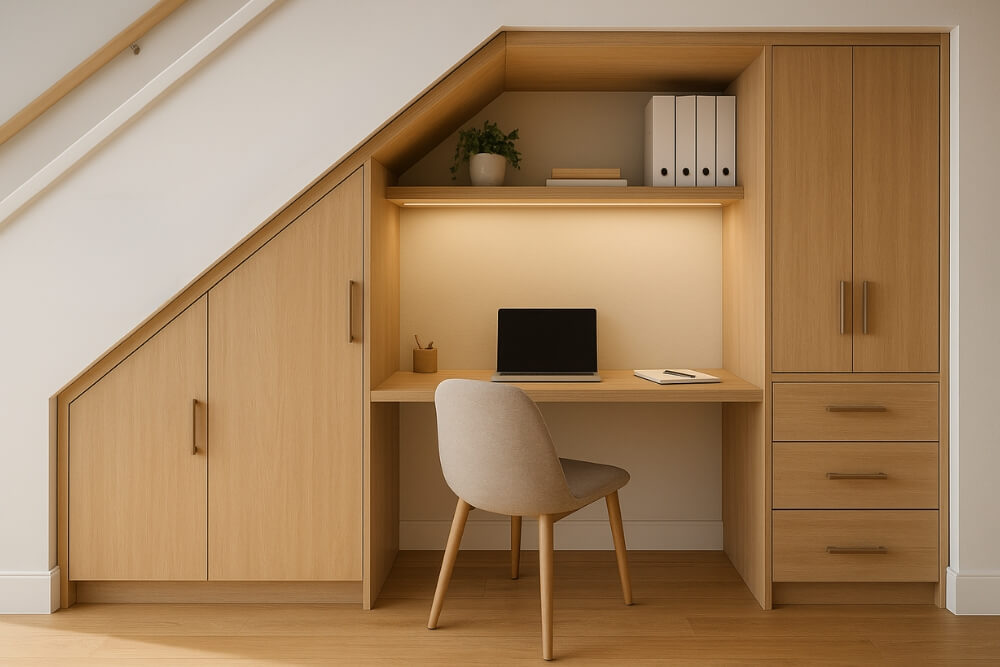 szafki pod schody zaaranżowane jako domowe biuro