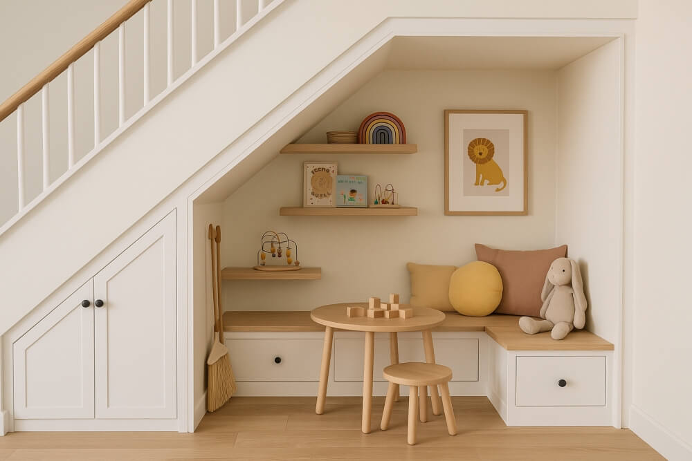 dziecięcy kącik pod schodami