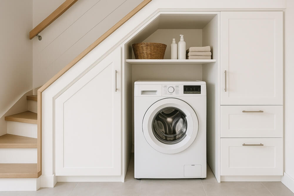 szafki pod schody zaaranżowane jako pralnia
