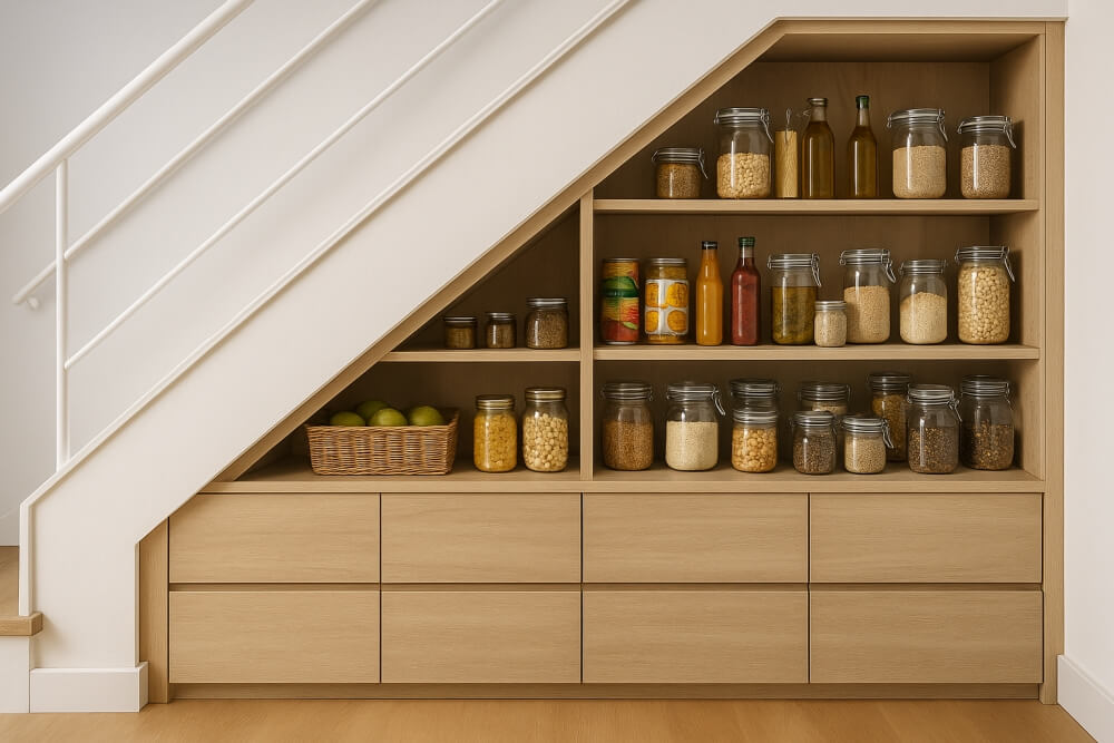 szafki pod schody zaaranżowane jako spiżarnia