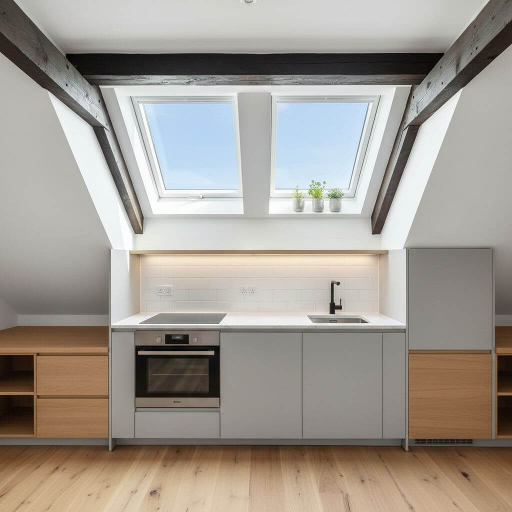 Aranżacja poddasza ze skosami - aneks kuchenny