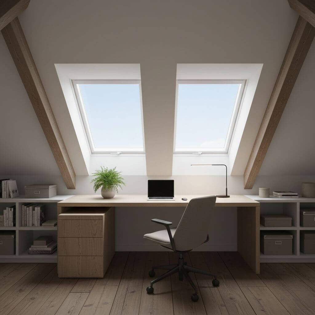 Aranżacja poddasza ze skosami - domowe mini biuro