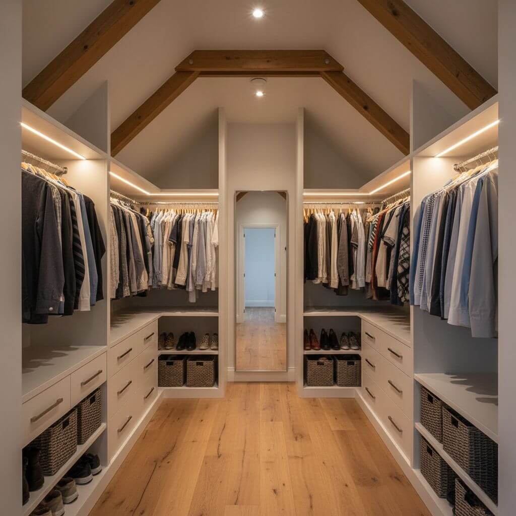 Aranżacja poddasza ze skosami - duża garderoba 