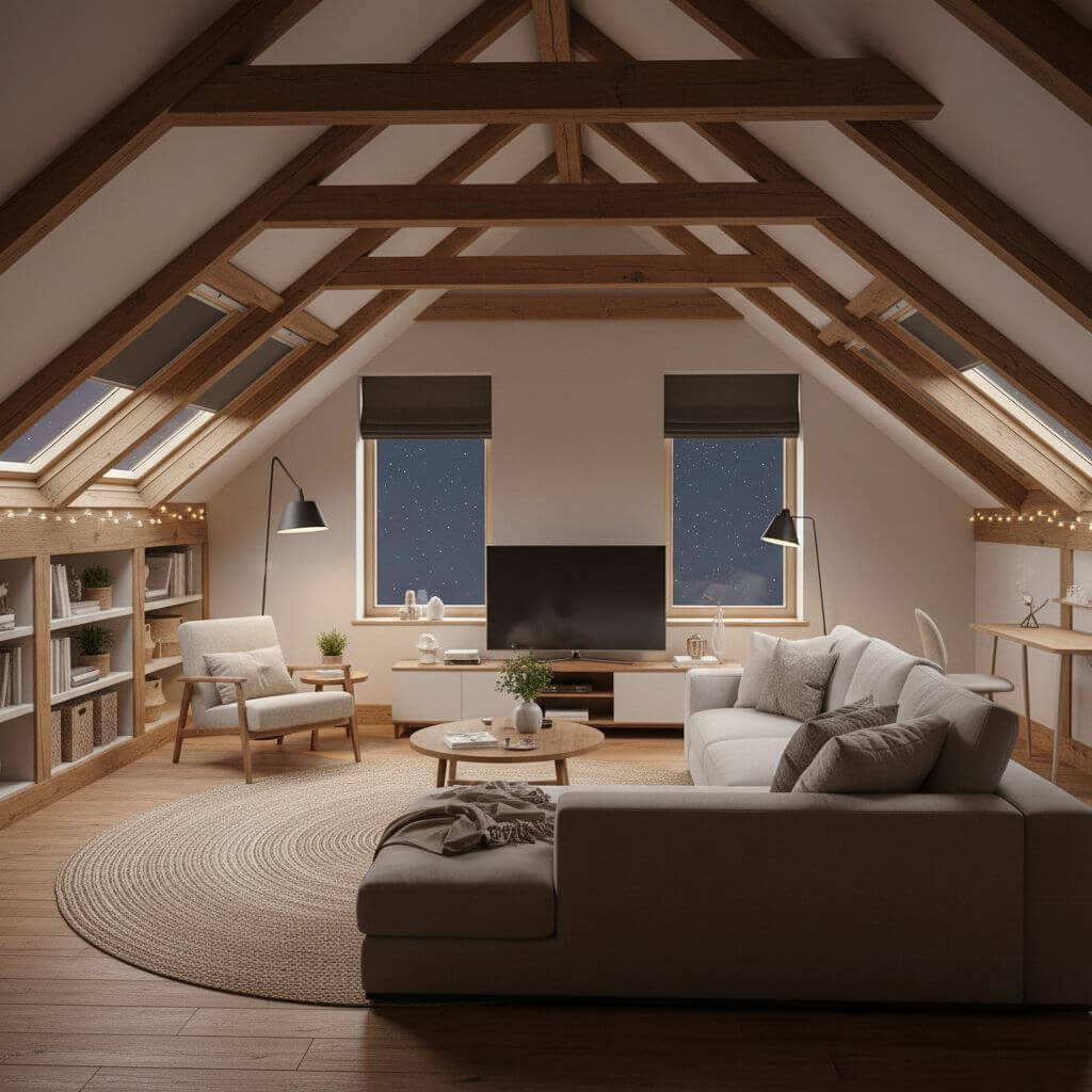 Salon i strefa dzienna na poddaszu