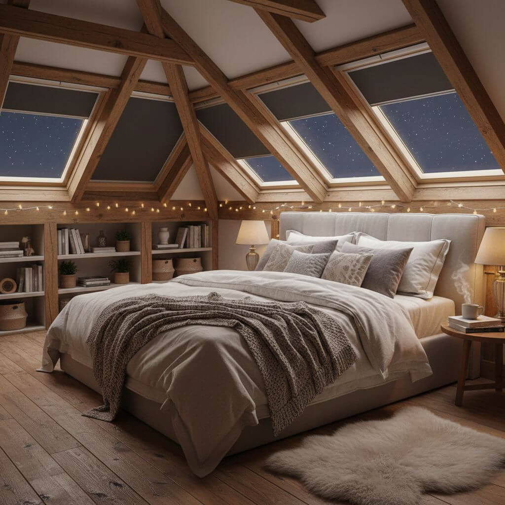 Aranżacja poddasza ze skosami - klimatyczna sypialnia