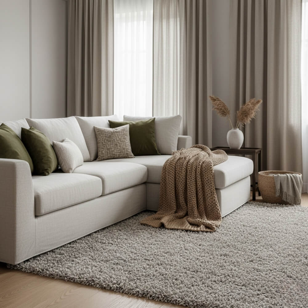 tekstylia o różnych fakturach w pięknym salonie