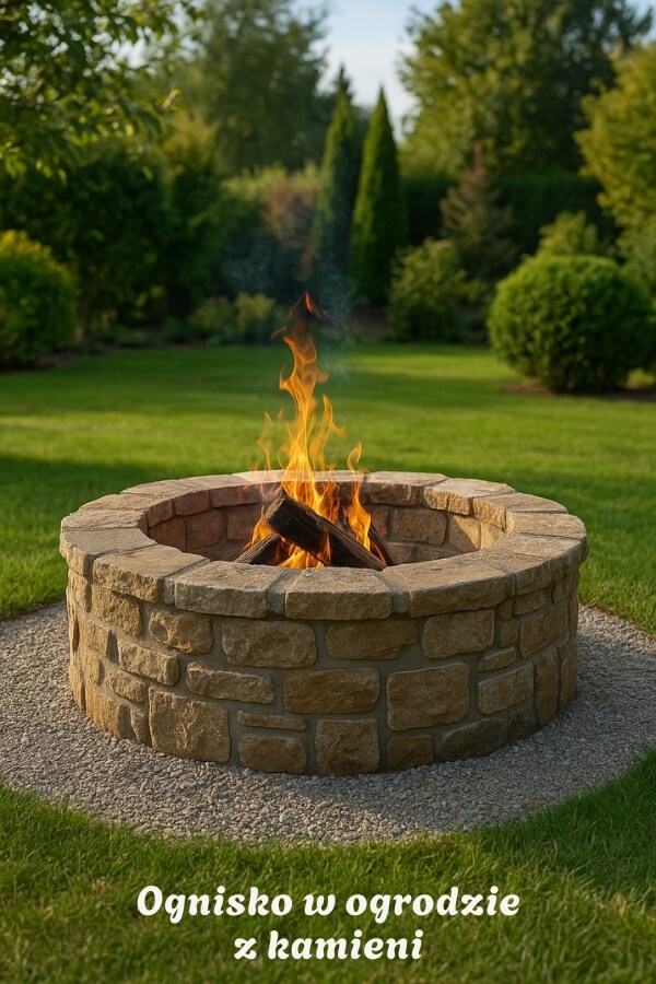 piękne ognisko w ogrodzie za domem wykonane z kamieni wysokie ognisko z kamieni w ogrodzie