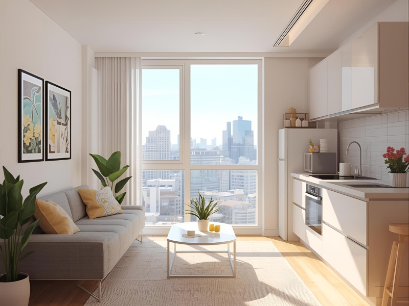 salon z aneksem kuchennym 22m2 z dużym oknem