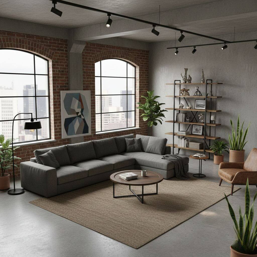 Loftowe wnętrza - salon open space Salon urządzony w stylu loftowym