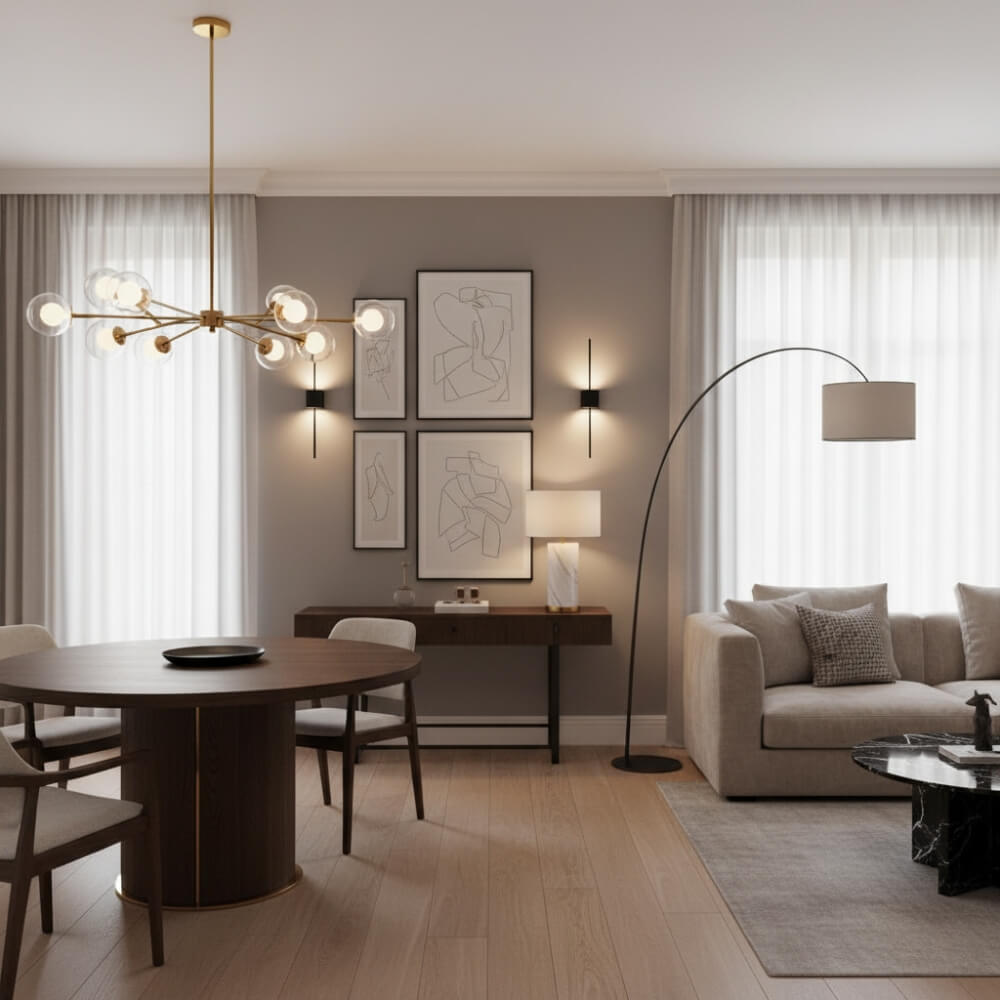 piękny salon ze stylowymi lampami 