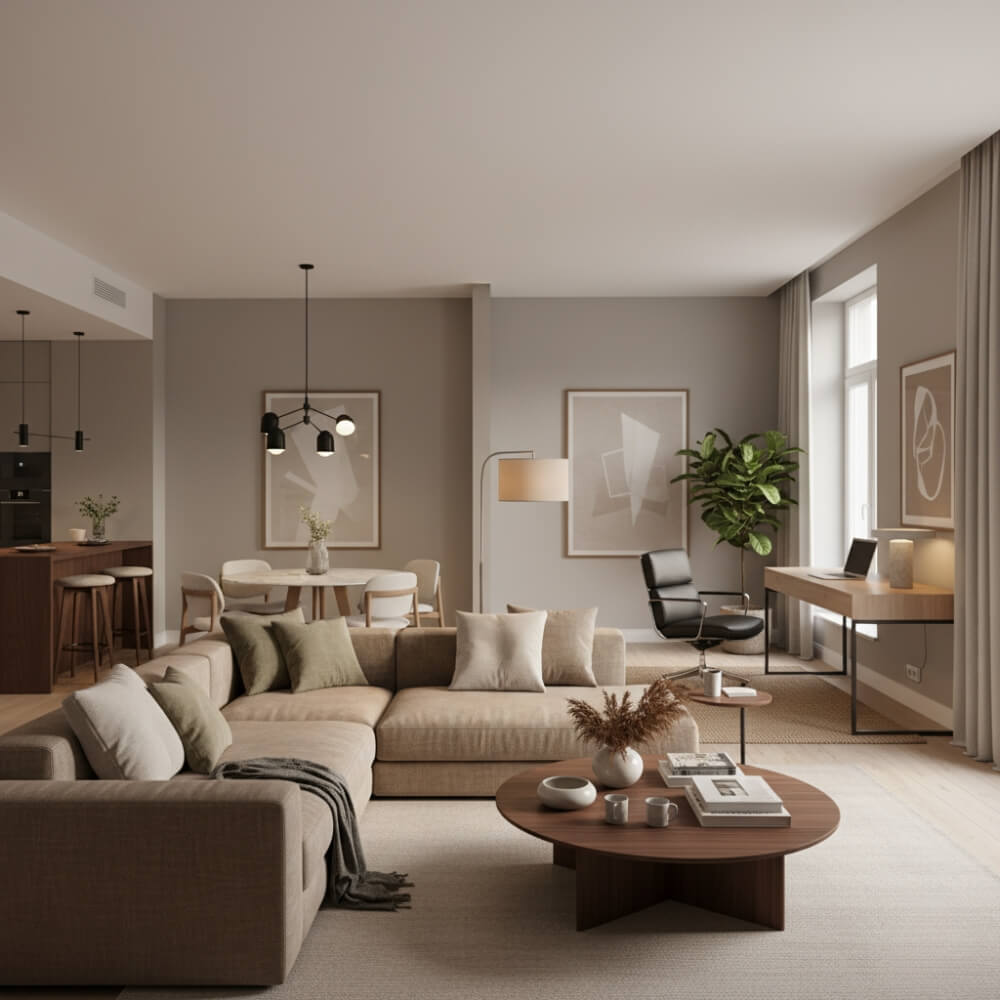 piękny salon z podziałem na praktyczne strefy