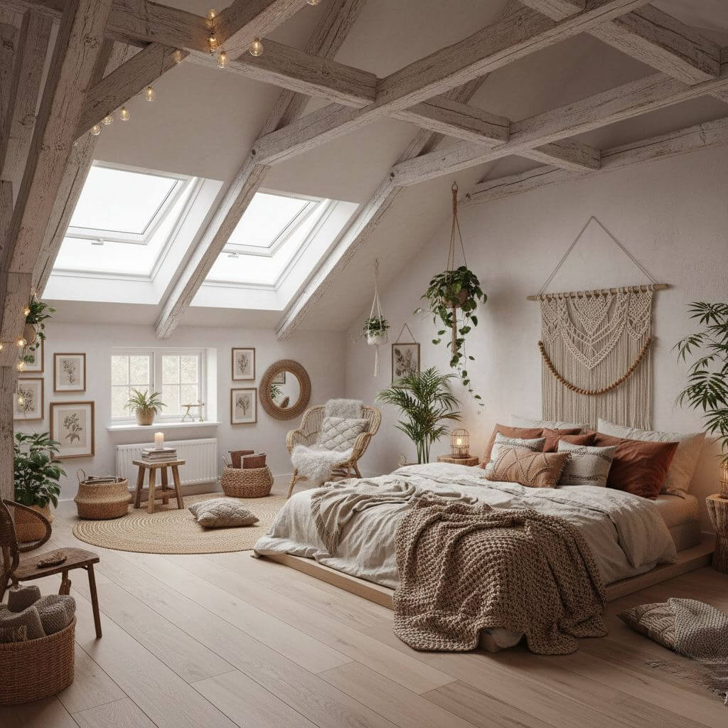 Aranżacja poddasza ze skosami - styl boho