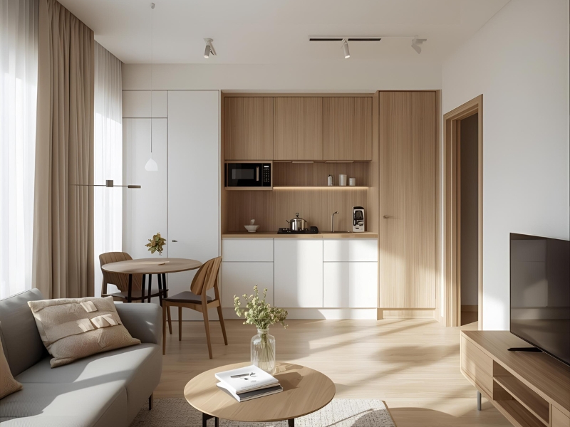 jasna kuchnia w układzie jednorzędowym połączona z salonem