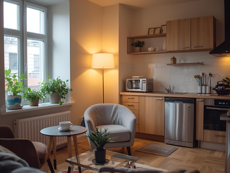 salon z aneksem kuchennym 22m2 z małą lodówką