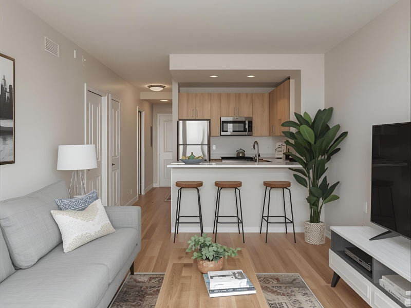 salon w stylu skandynawskim połączony z kuchnią