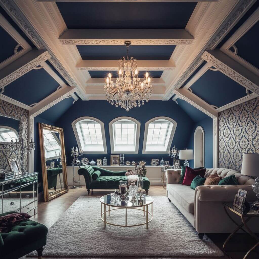 Aranżacja poddasza ze skosami - styl klasyczny lub glamour 