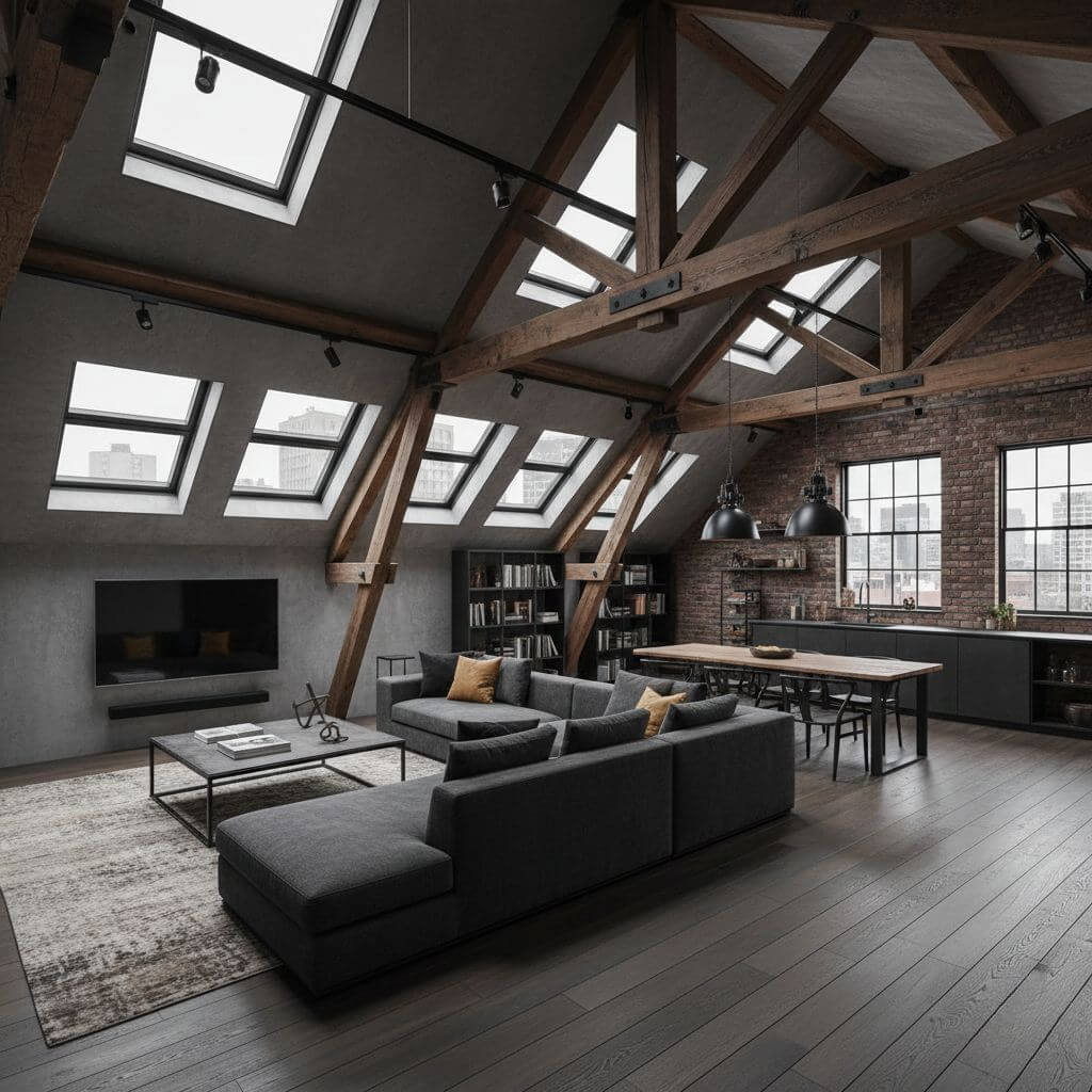 Styl loftowy w aranżacji poddasza ze skosami 