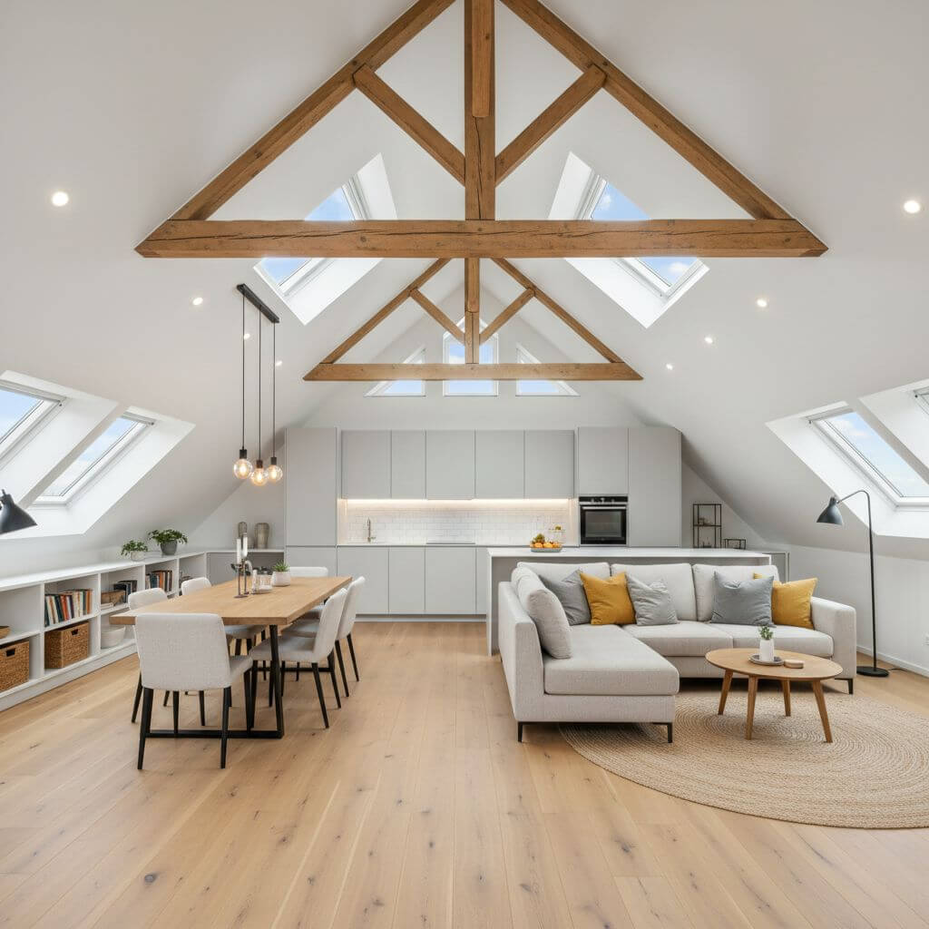 Aranżacja poddasza ze skosami - styl skandynawski 