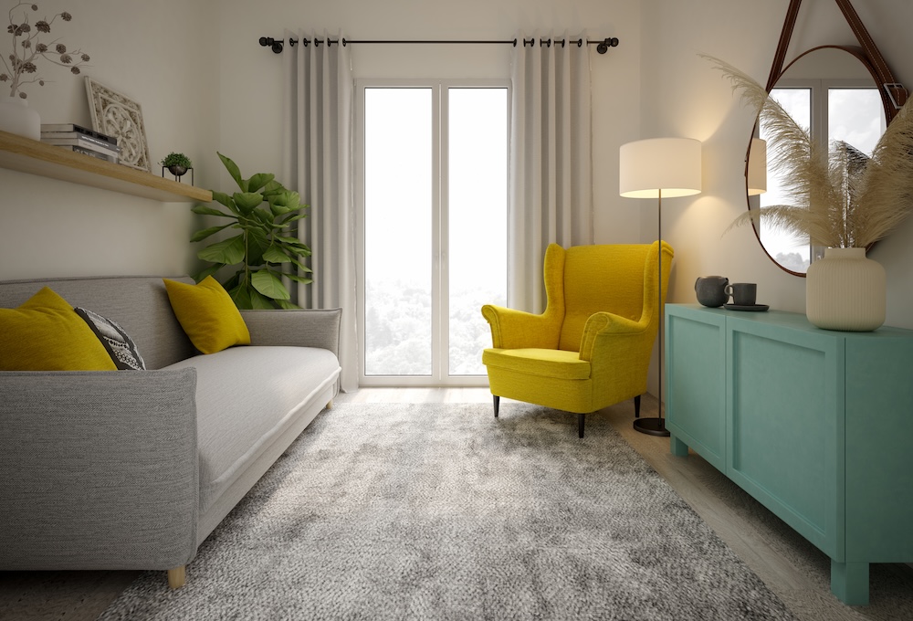 aranżacja salonu - salon w bloku z niebieską komodą i szarą sofą aranżacja salonu - salon w bloku z oknem przy fotelu