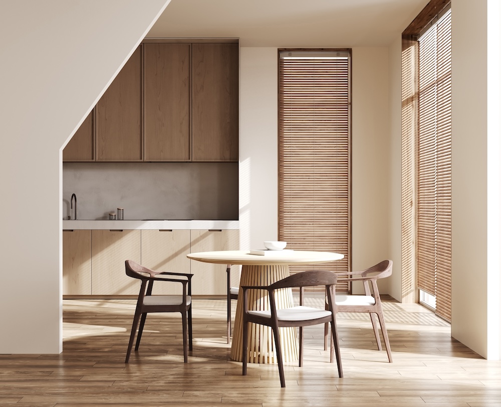 kuchnia z jadalnią w stylu japandi 