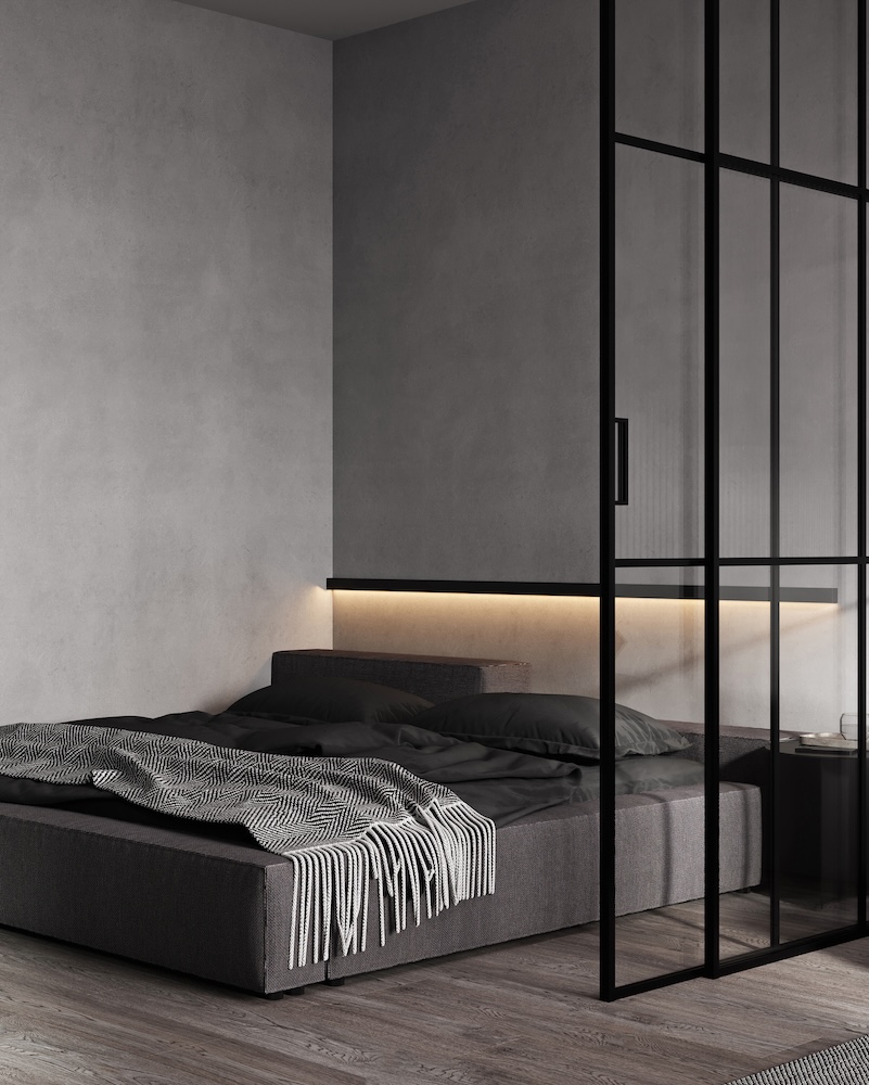 sypialnia z łóżkiem dwuosobowym i oświetleniem led 