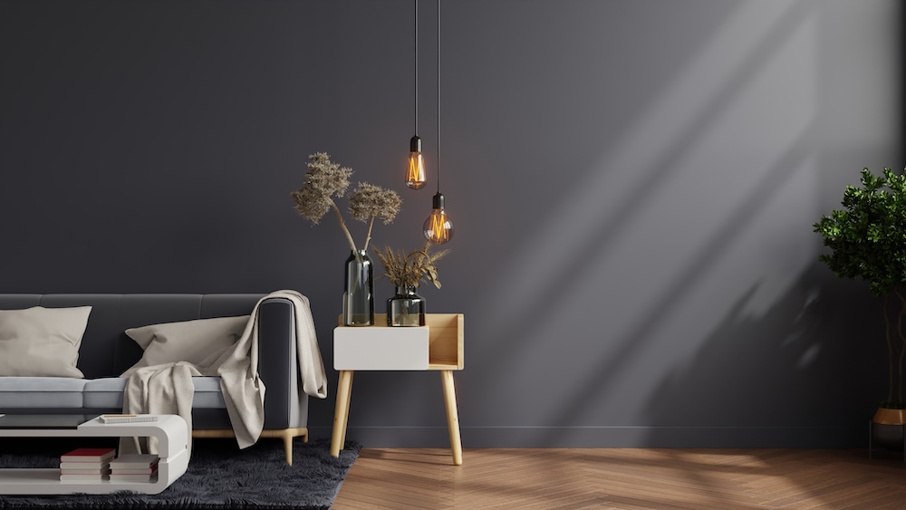 nowoczesne mieszkanie z granatową ścianą 