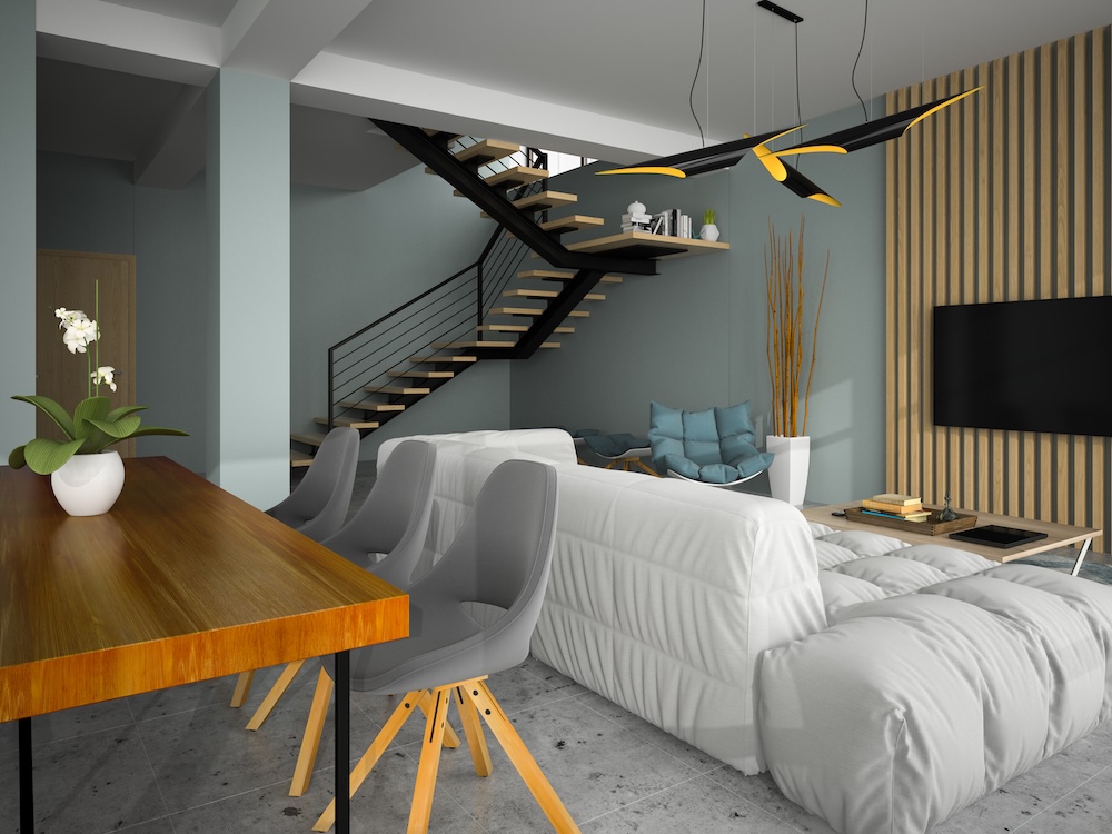 biała kanapa ustawiona oparciem do jadalni salon z białą kanapą tyłem do stołu